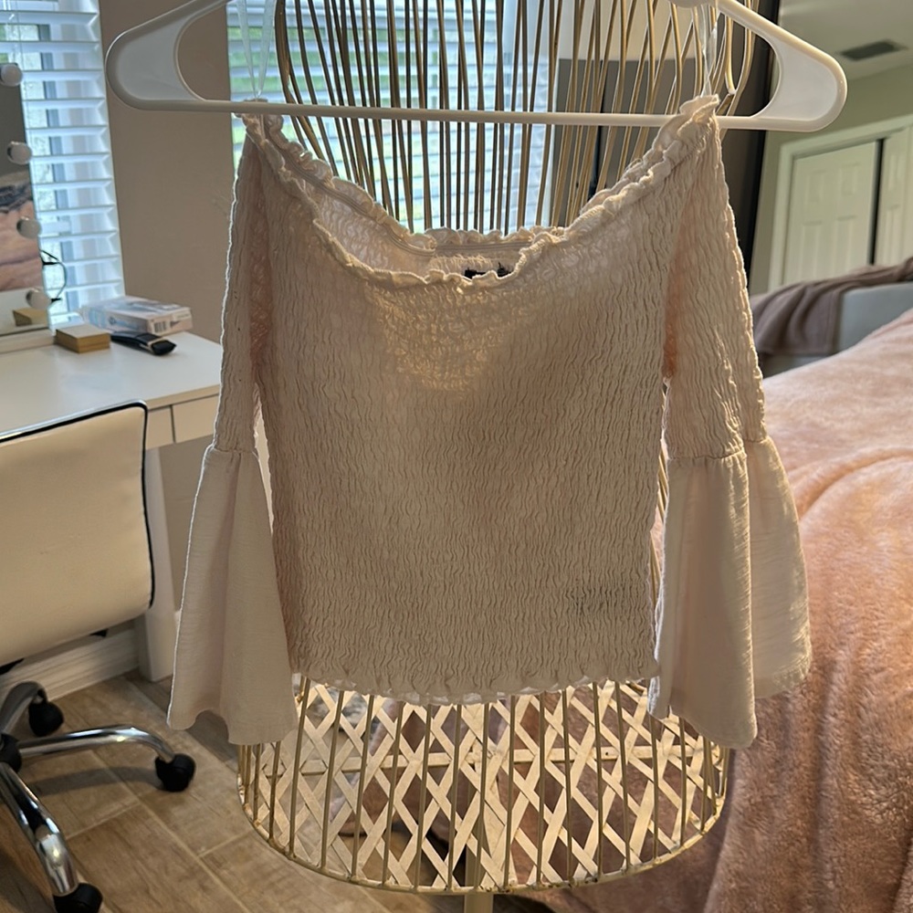 Off white, Ivory girls off shoulder, ribbed top with adorable bell sleeves.
